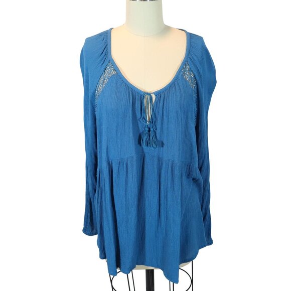 Old Navy Tops - OLD NAVY Crinkle Crochet Trim Tie Front Peasant Top Size L Bohemian Blue
